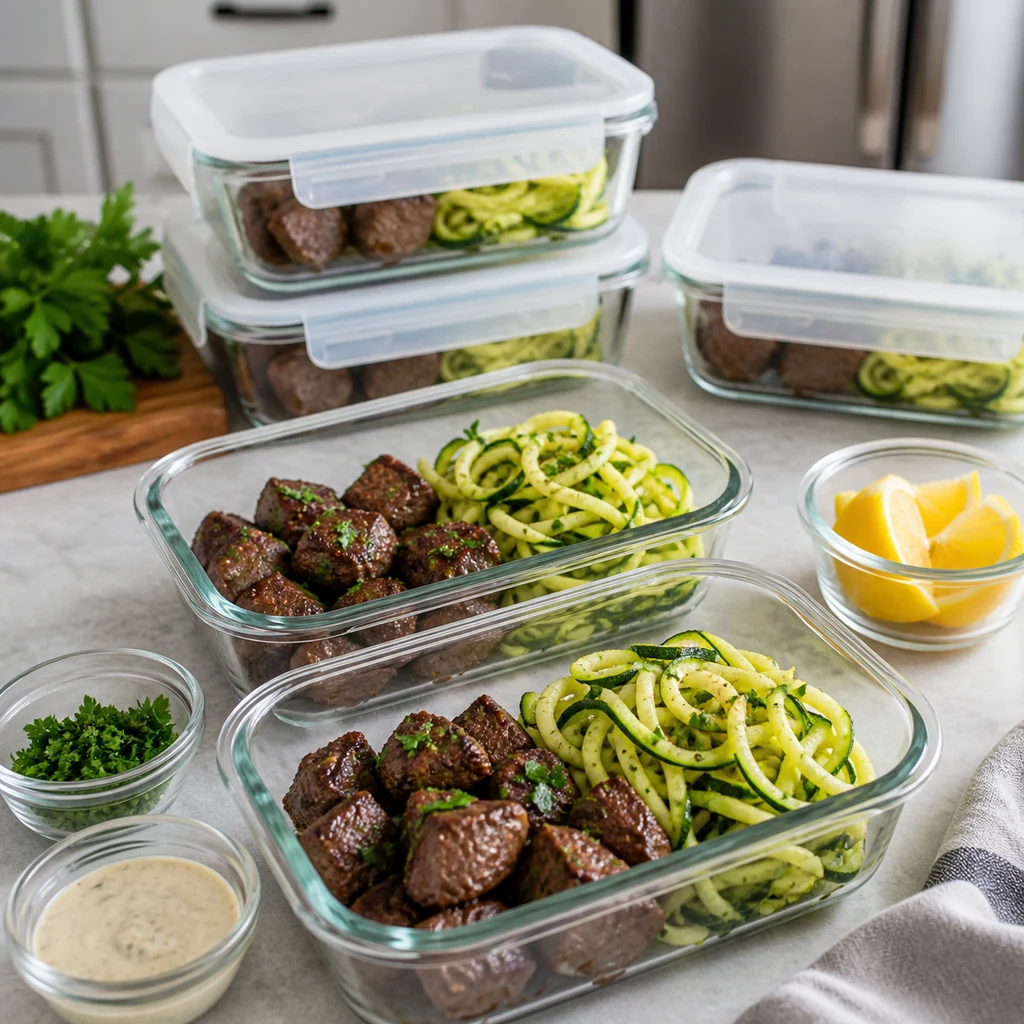 Garlic butter steak bites and zucchini noodles stored in glass meal prep containers