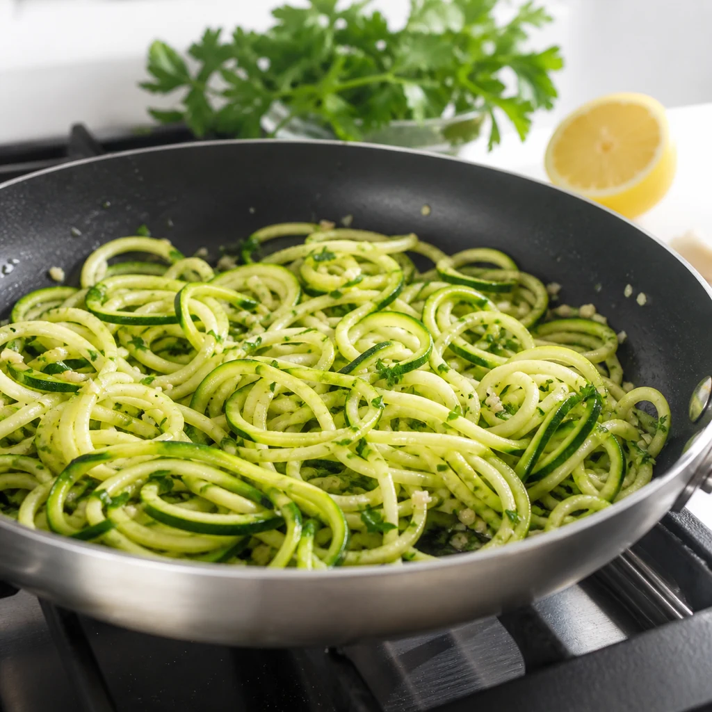 Fresh zucchini noodles being tossed briefly in a skillet