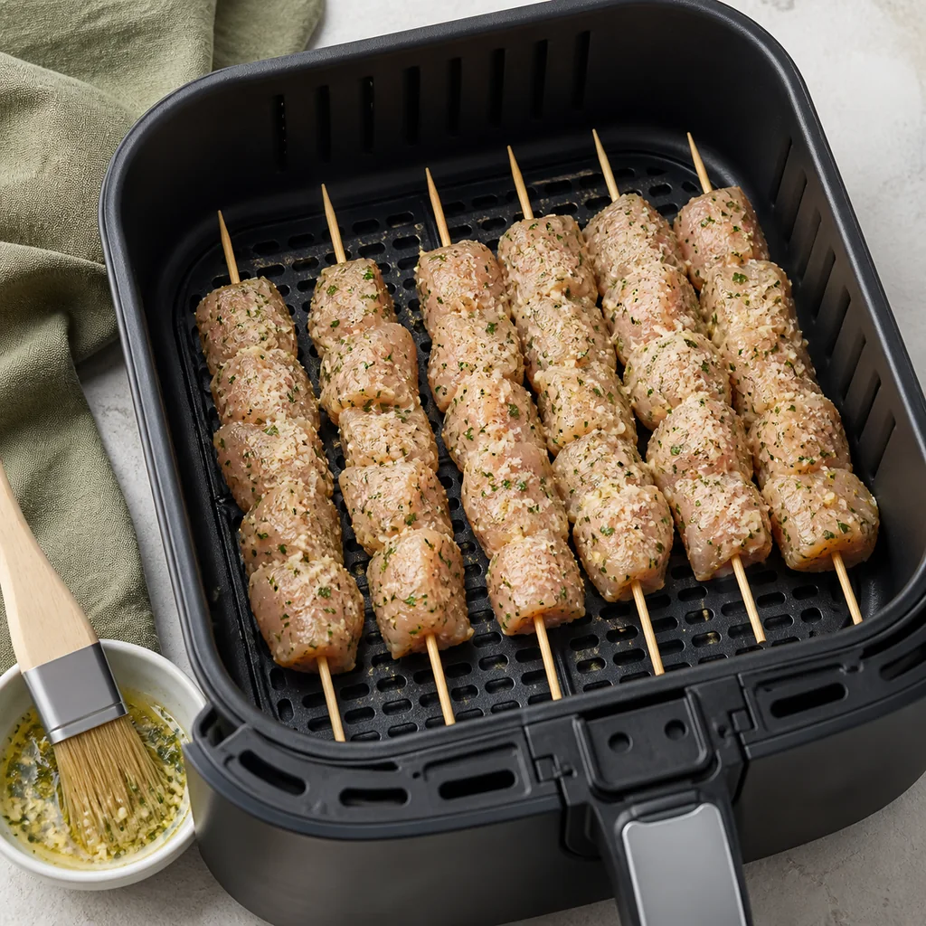 Raw garlic parmesan chicken skewers arranged in an air fryer basket