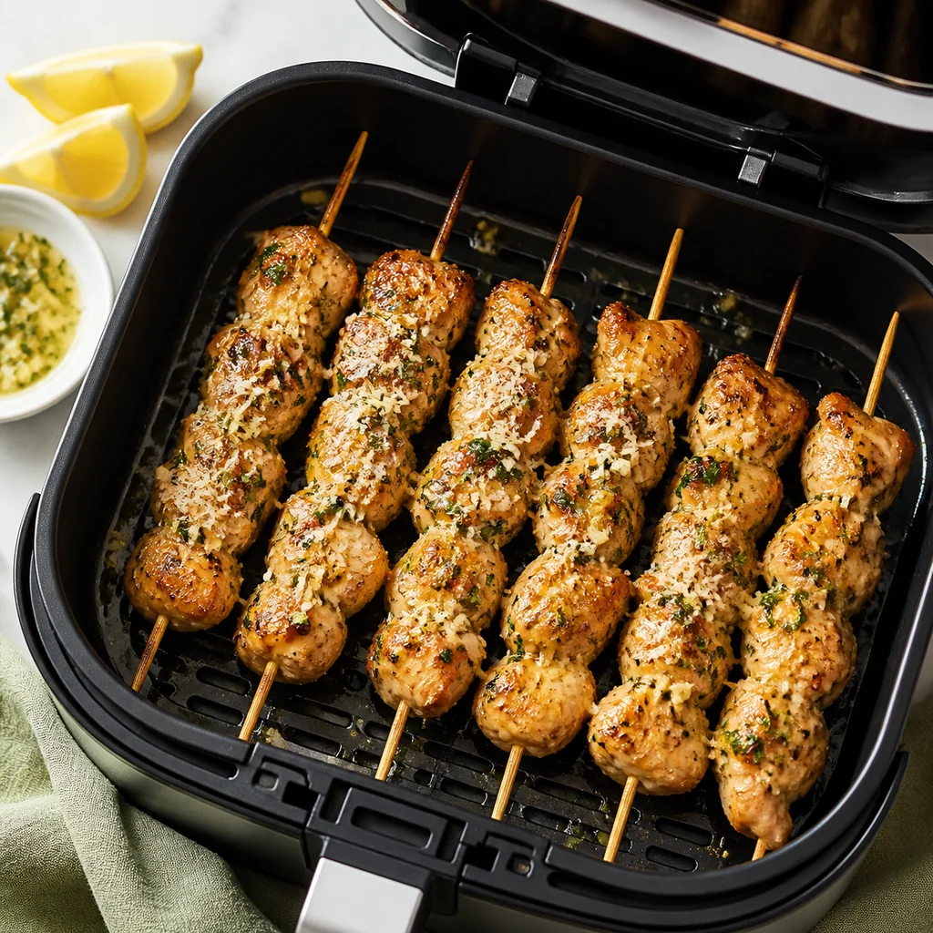 Cooked garlic parmesan chicken skewers in an air fryer basket with garlic butter