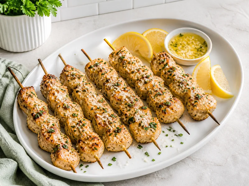 Garlic parmesan air fryer chicken skewers with lemon and parsley on a white platter