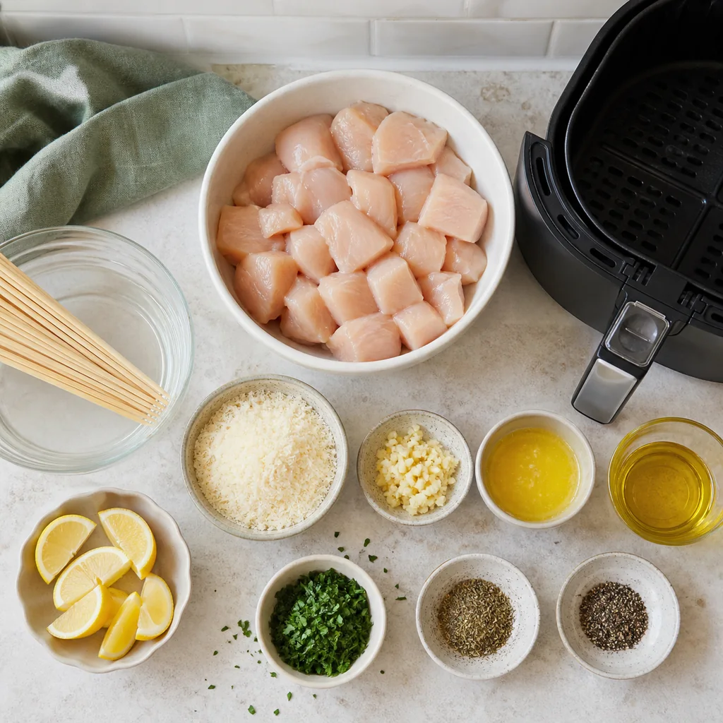 Ingredients for garlic parmesan air fryer chicken skewers arranged on a pale counter