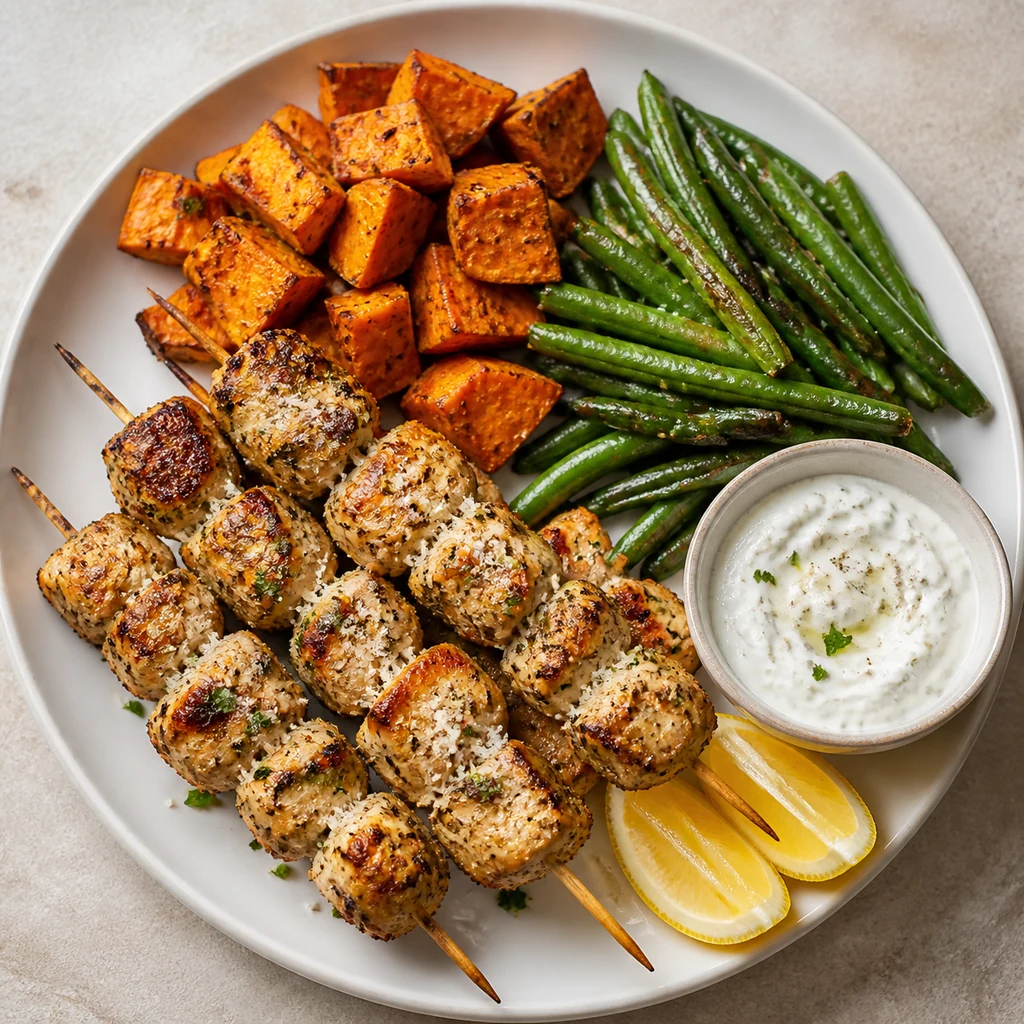 Garlic parmesan chicken skewers served with sweet potato cubes green beans lemon and garlic yogurt dip