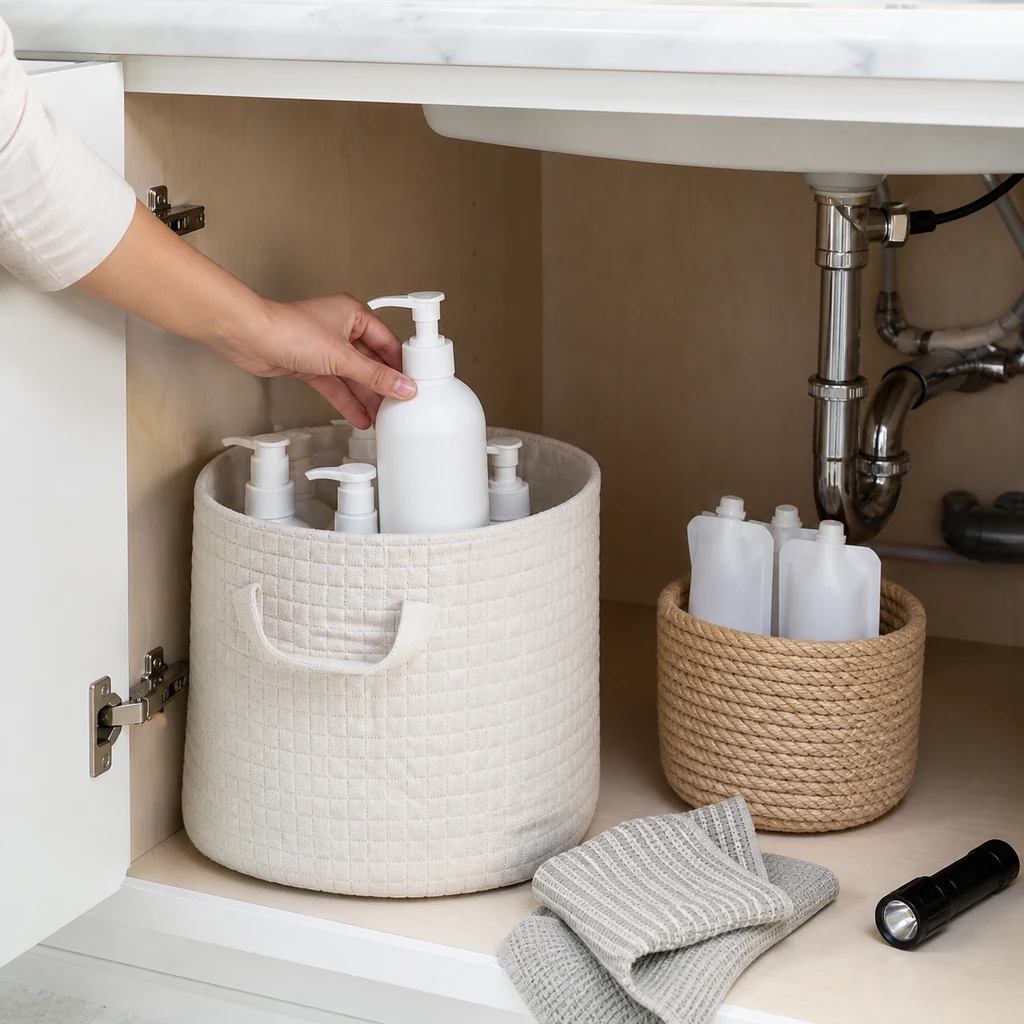 Upright bathroom bottles contained in a washable handled bin beside a small refill basket