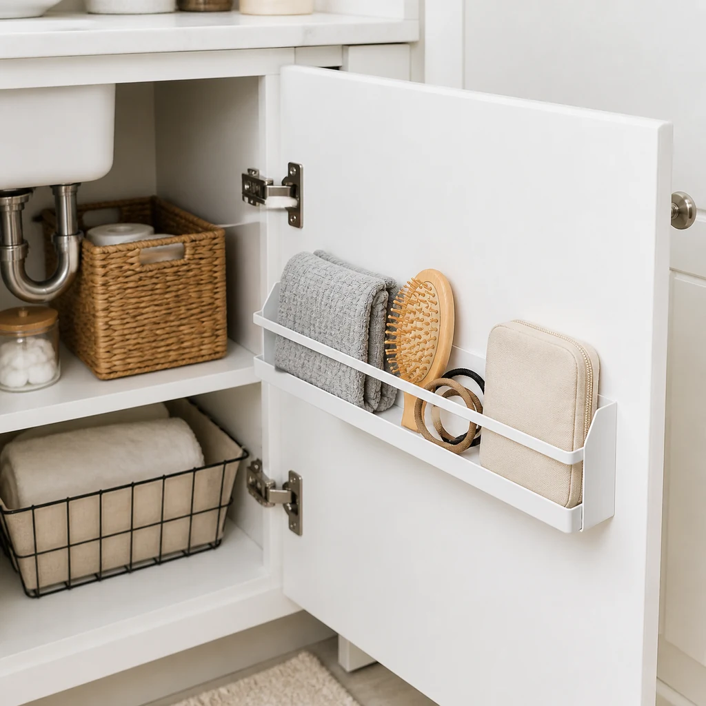 Shallow bathroom vanity door caddy holding lightweight daily essentials