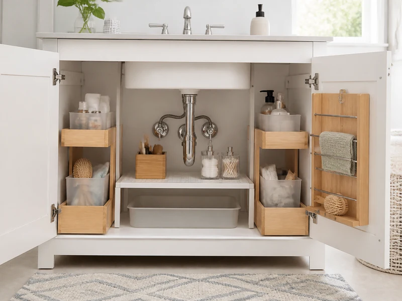Organized bathroom under-sink cabinet with visible plumbing and practical storage