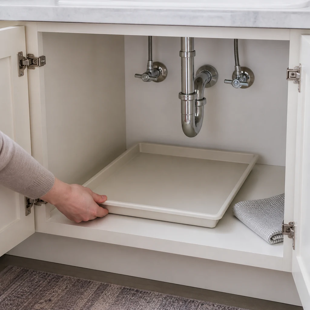 Washable light-colored lipped tray fitted beneath bathroom sink plumbing