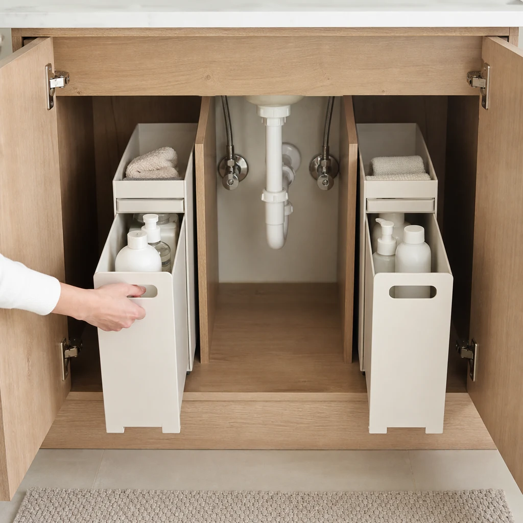 Two narrow pull-out bathroom bins positioned safely beside visible plumbing