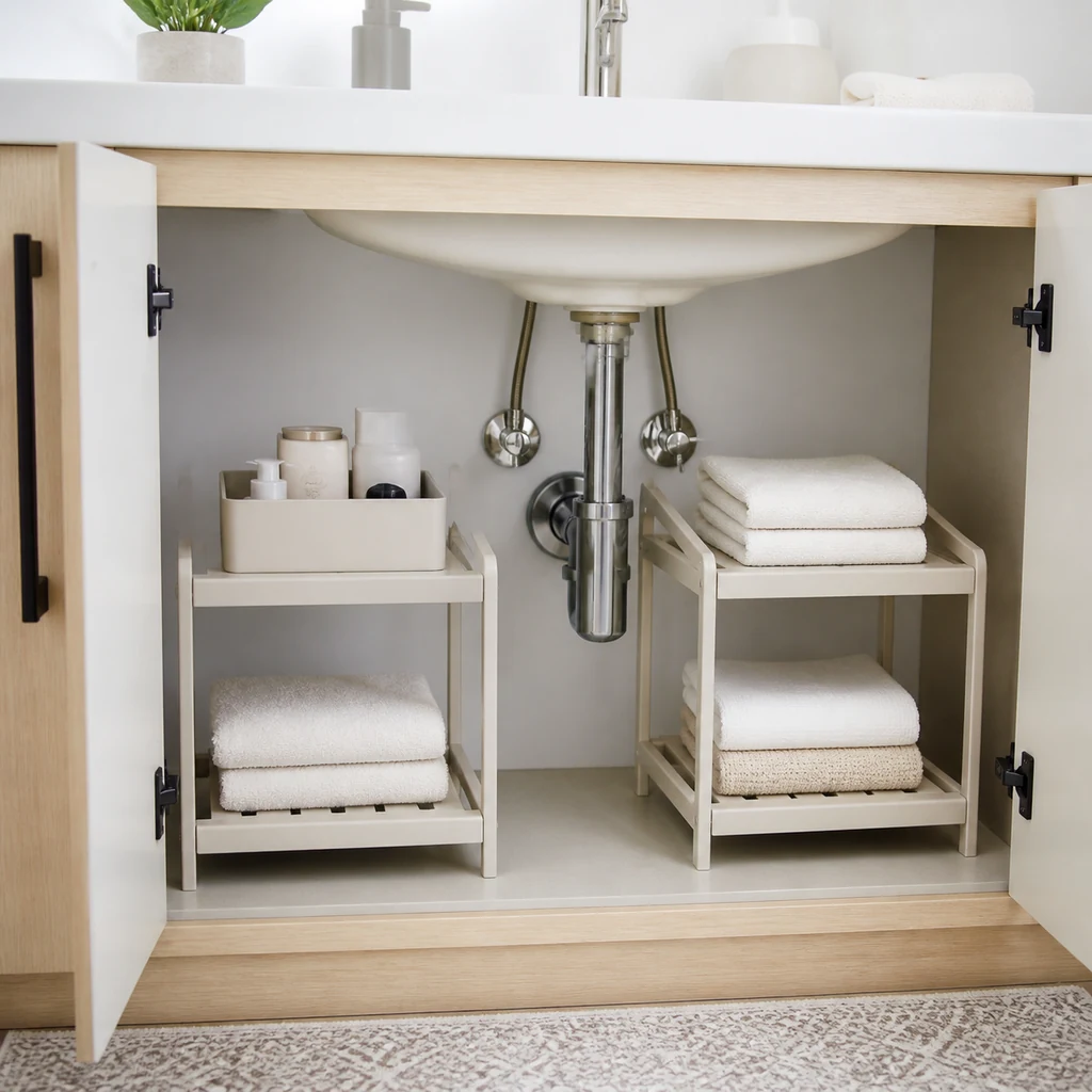 Adjustable under-sink shelves arranged around bathroom drain pipes