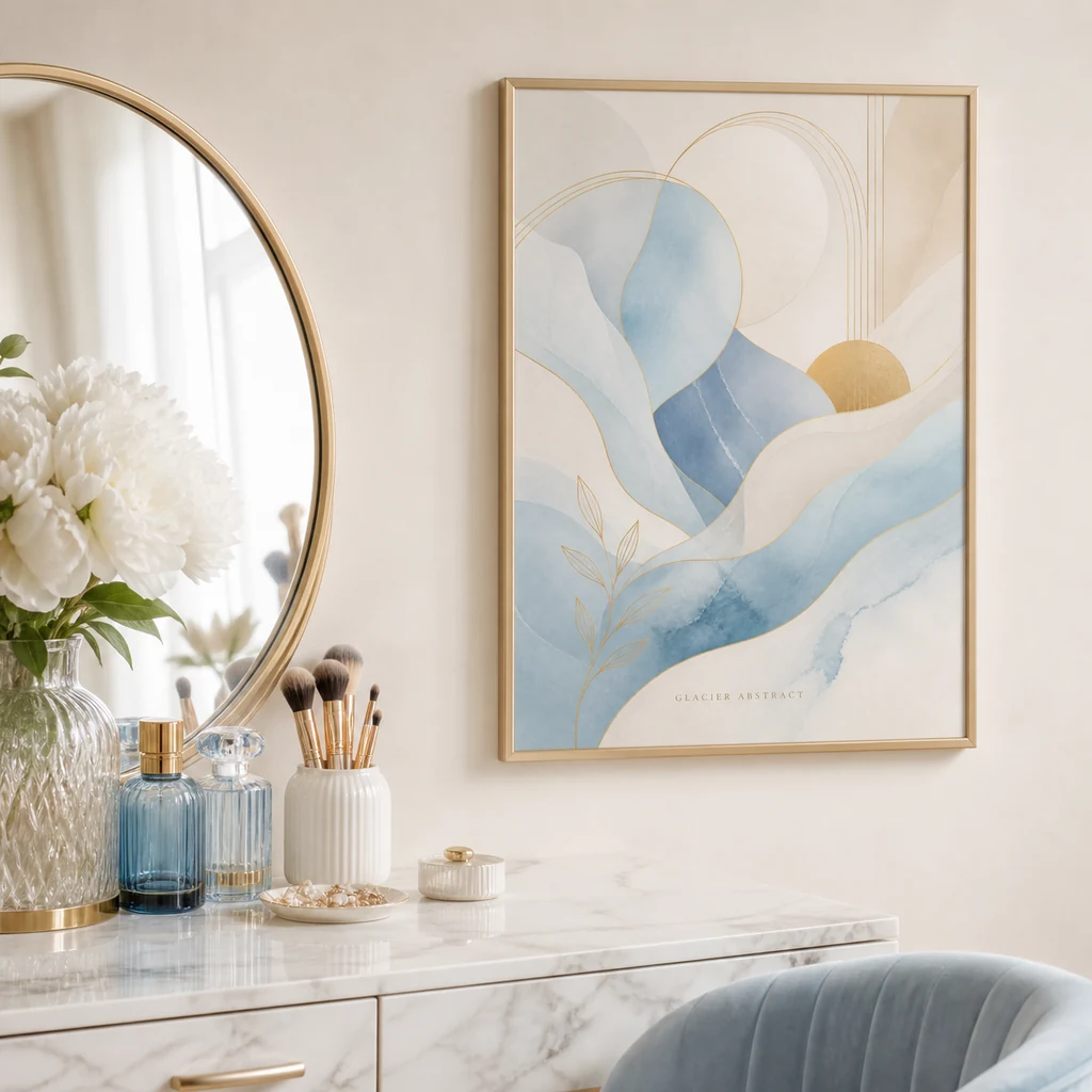 Glacier Abstract poster in a soft blue vanity corner