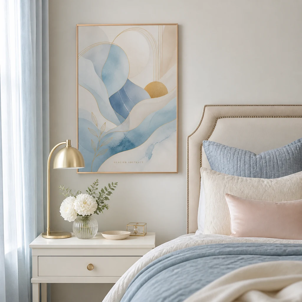 Glacier Abstract wall art beside a feminine bed