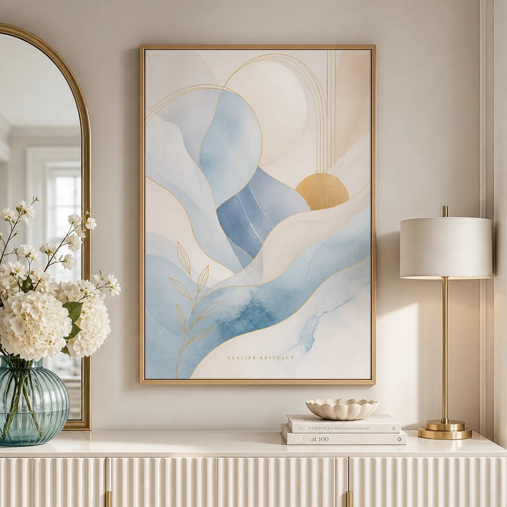 Glacier Abstract poster above an ivory brass console