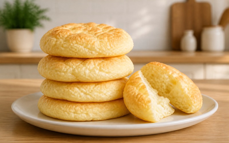 Stack of fluffy gluten-free cloud bread with one piece torn open
