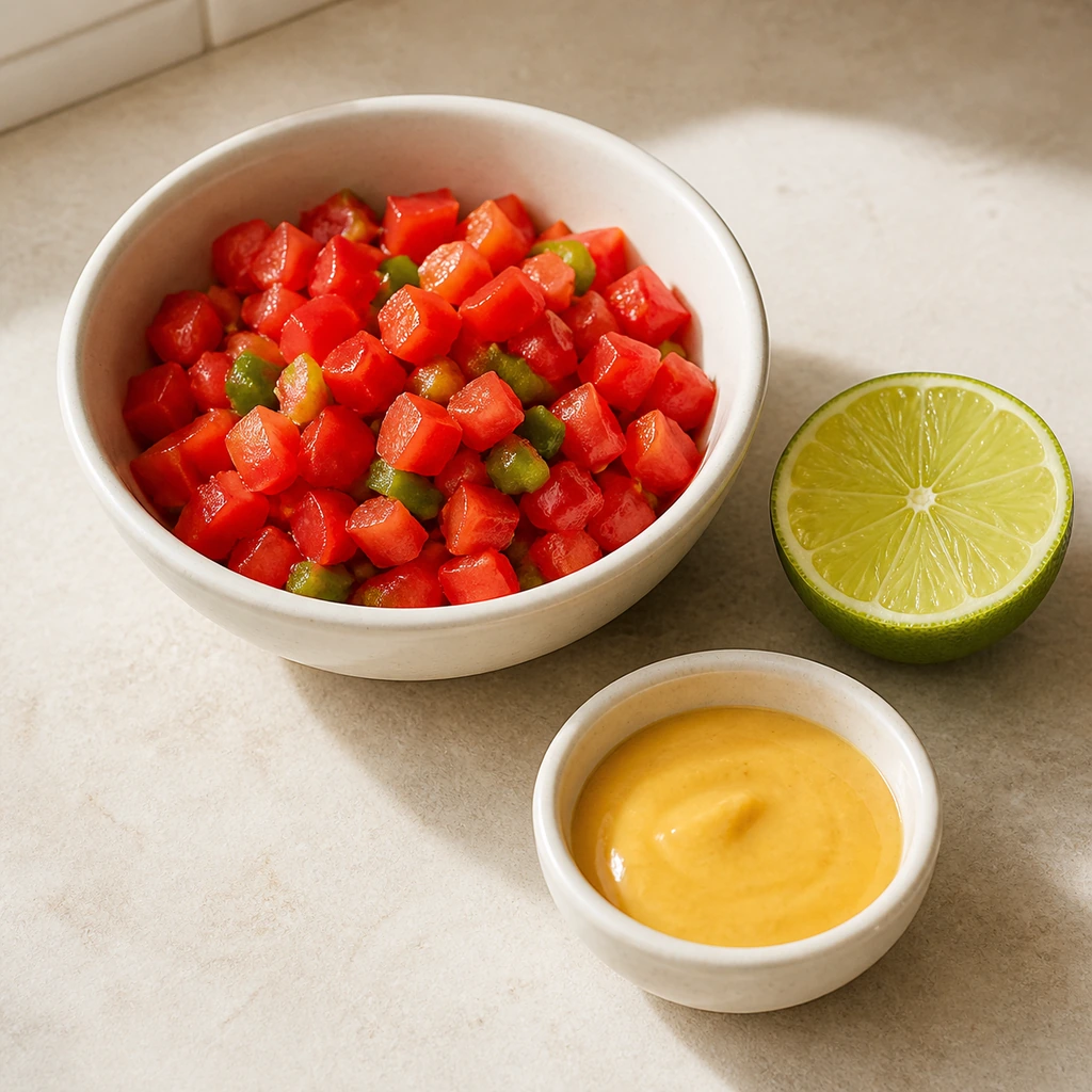 Lime tomatoes and green chilies balancing rich queso
