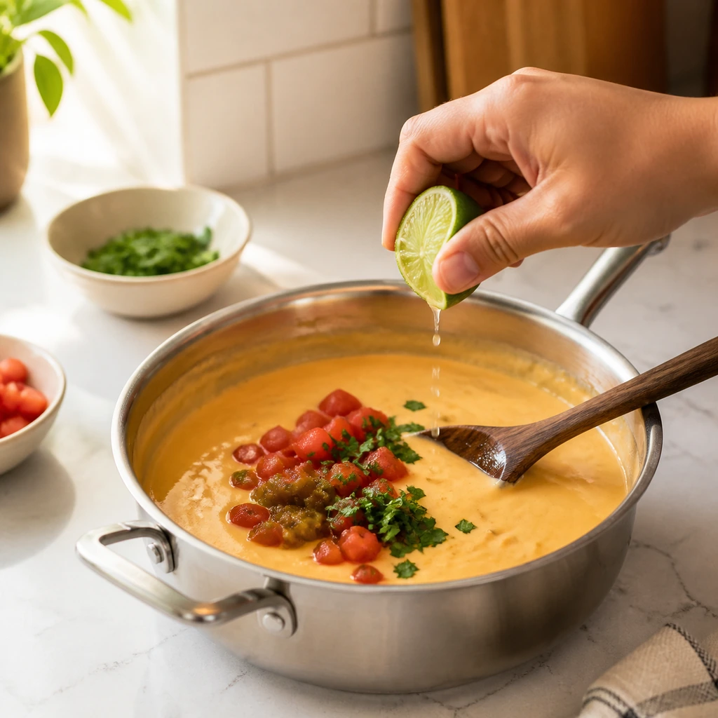 Tomatoes green chilies cilantro and lime added to queso