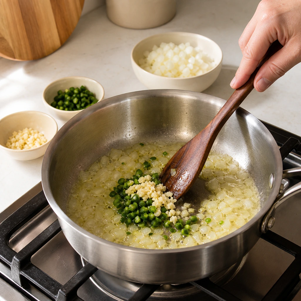 Onion garlic and jalapeño sautéing in butter