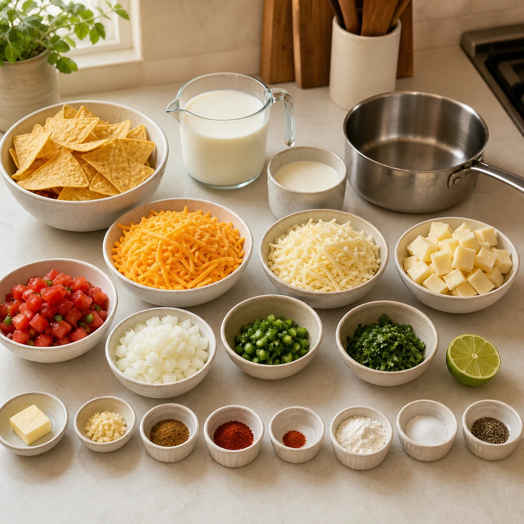 Queso ingredients arranged on a pale quartz counter