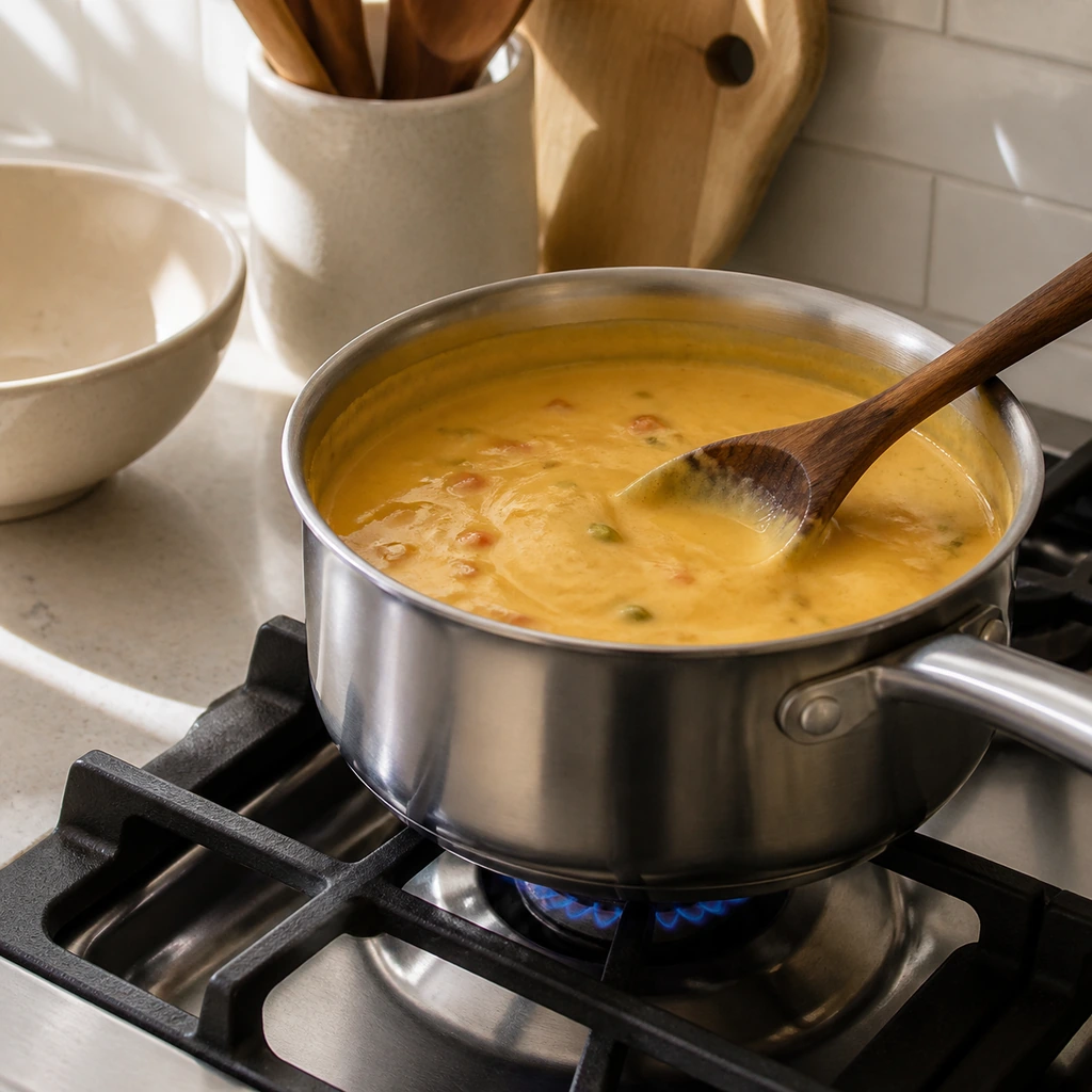 Queso stirred gently over a low flame