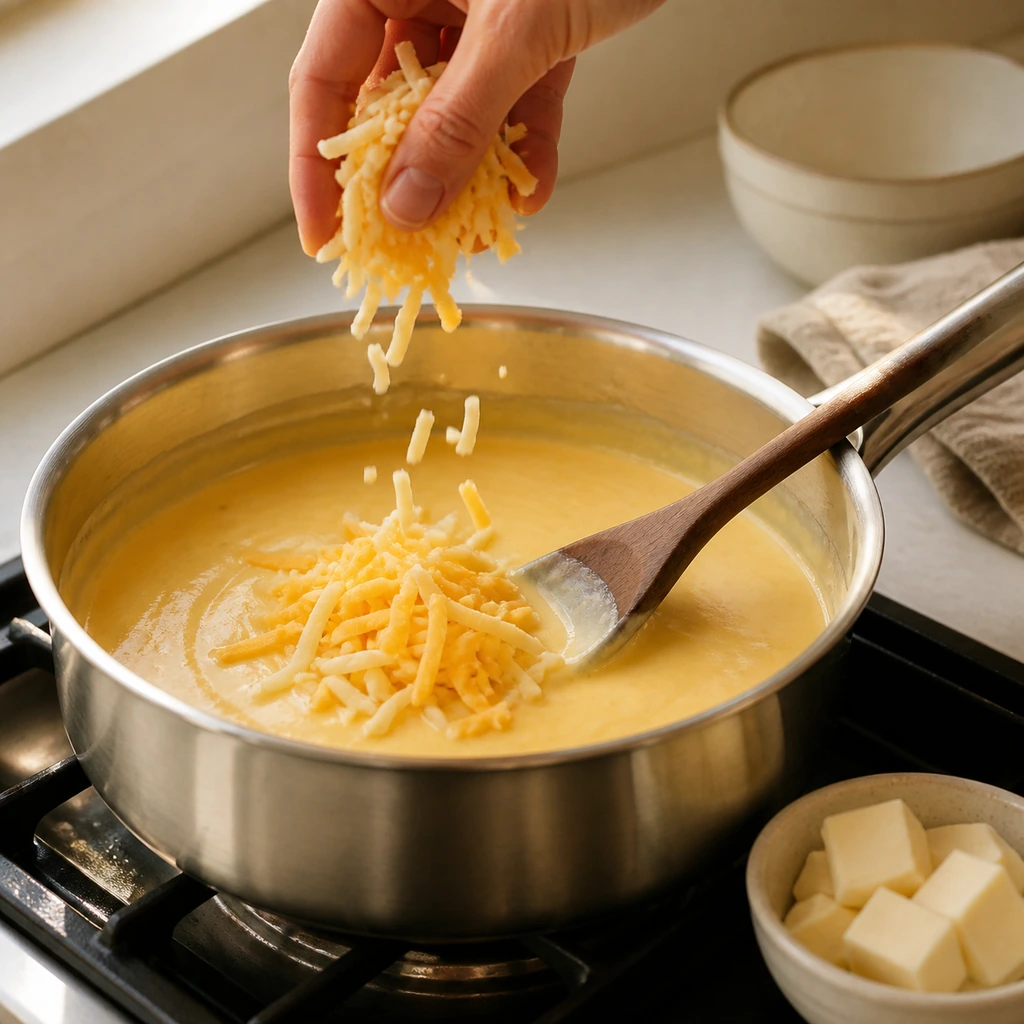 Freshly grated cheese melting into smooth queso