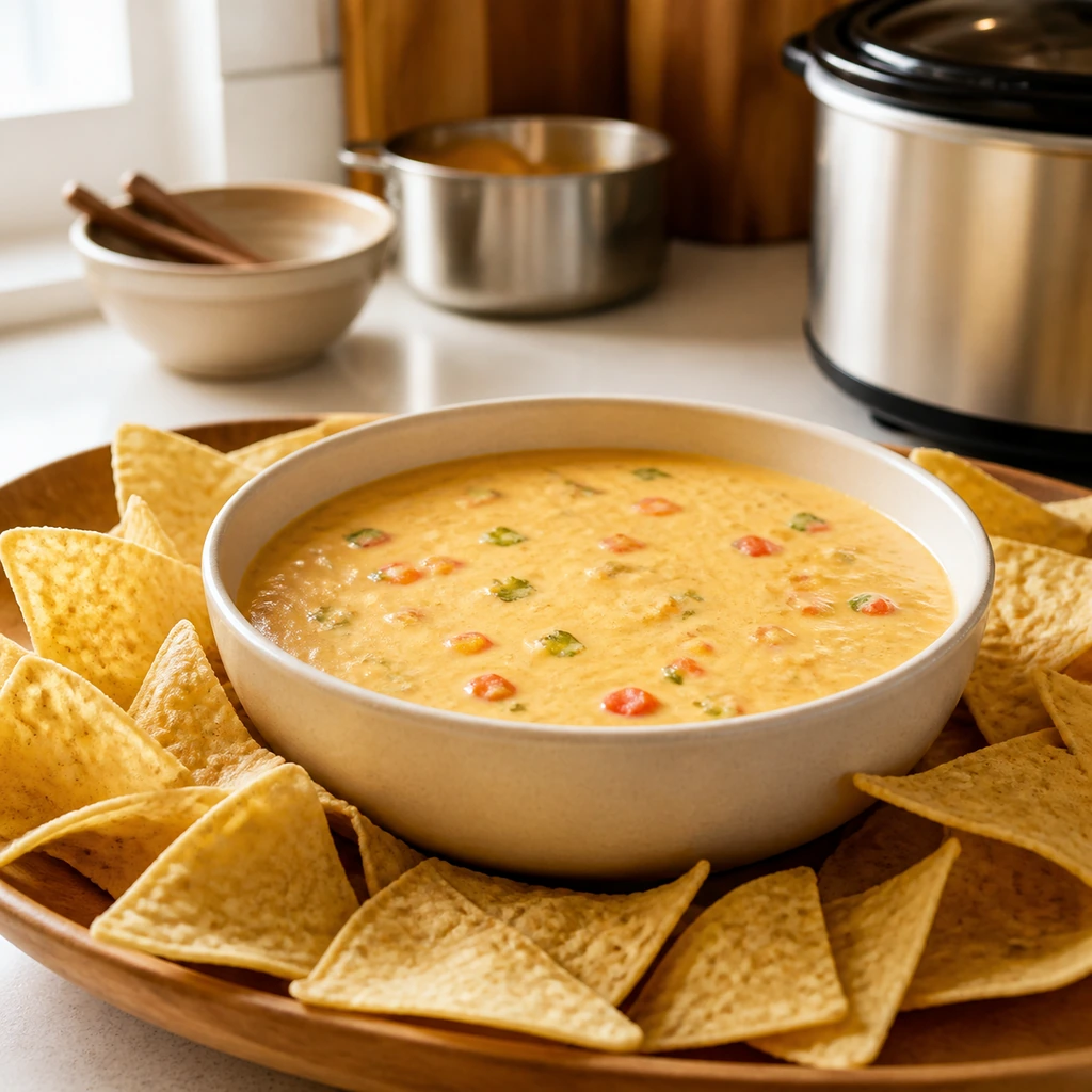Warm queso served in a bowl with tortilla chips