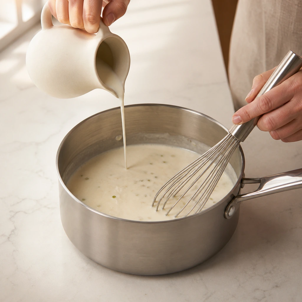 Milk and cream whisked into the queso base