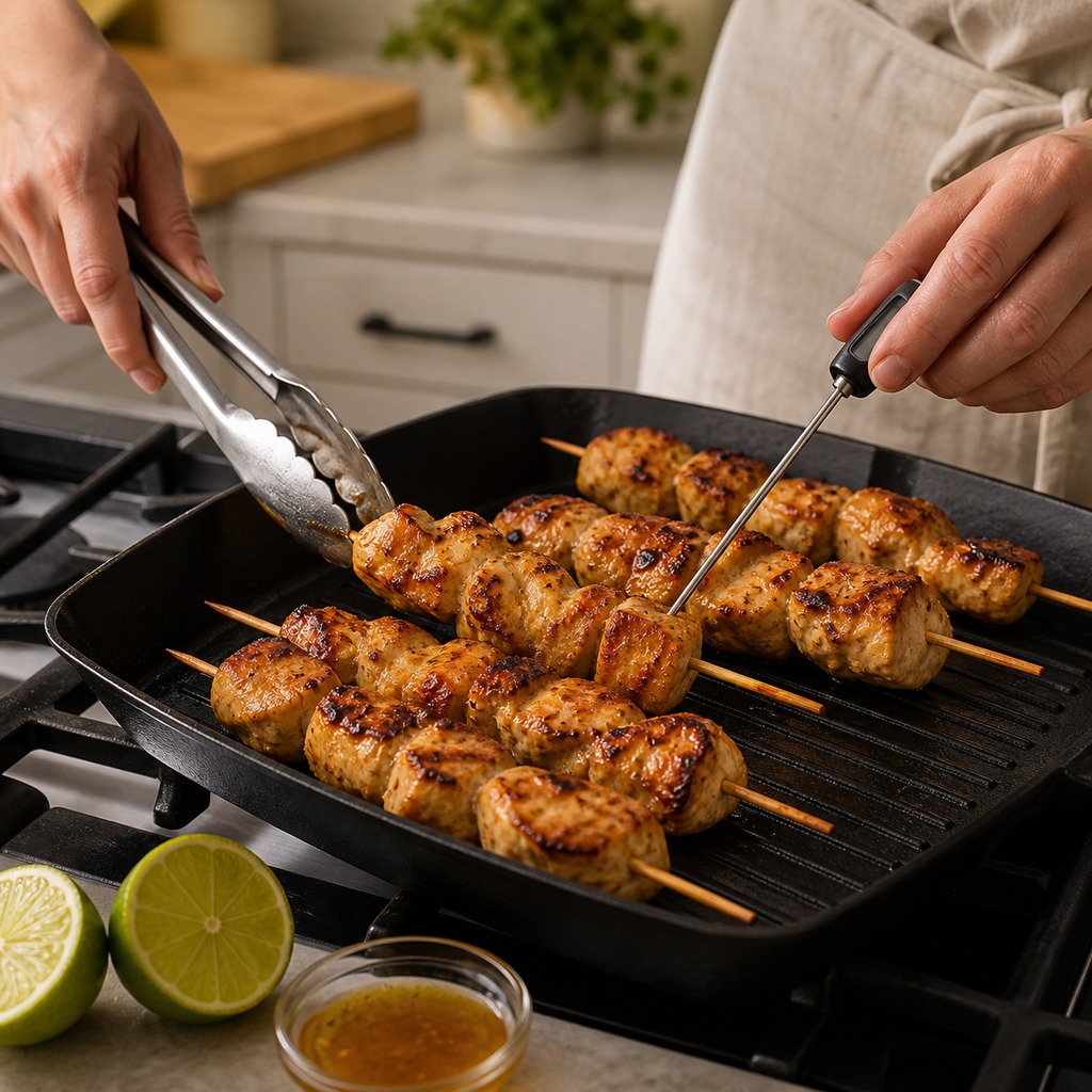 Turning browned honey lime chicken skewers and checking doneness with a thermometer