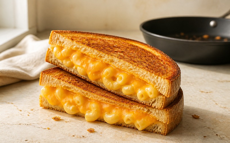 Grilled mac and cheese sandwich with crisp sourdough and creamy cheddar macaroni