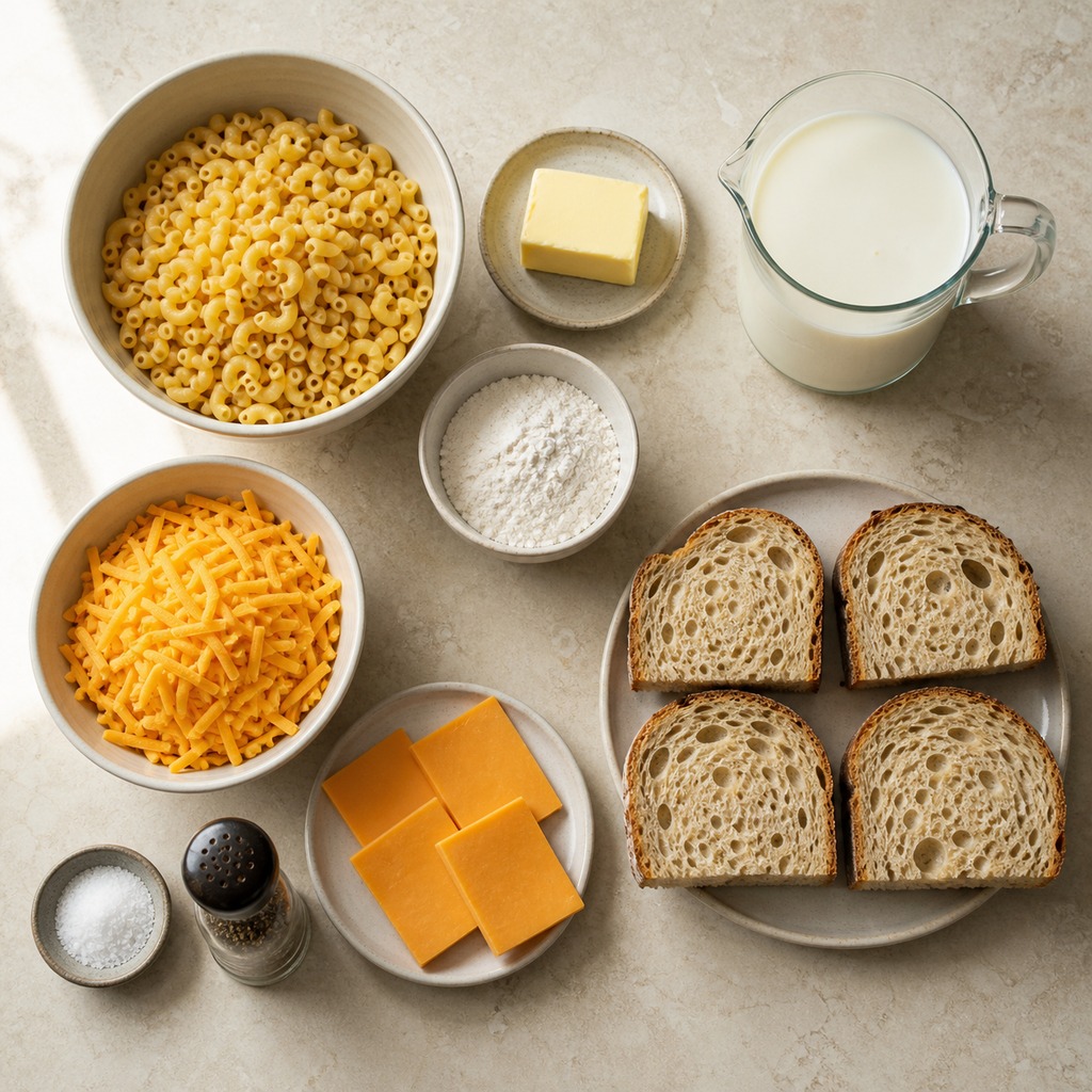 Ingredients for grilled mac and cheese sandwiches arranged on a countertop