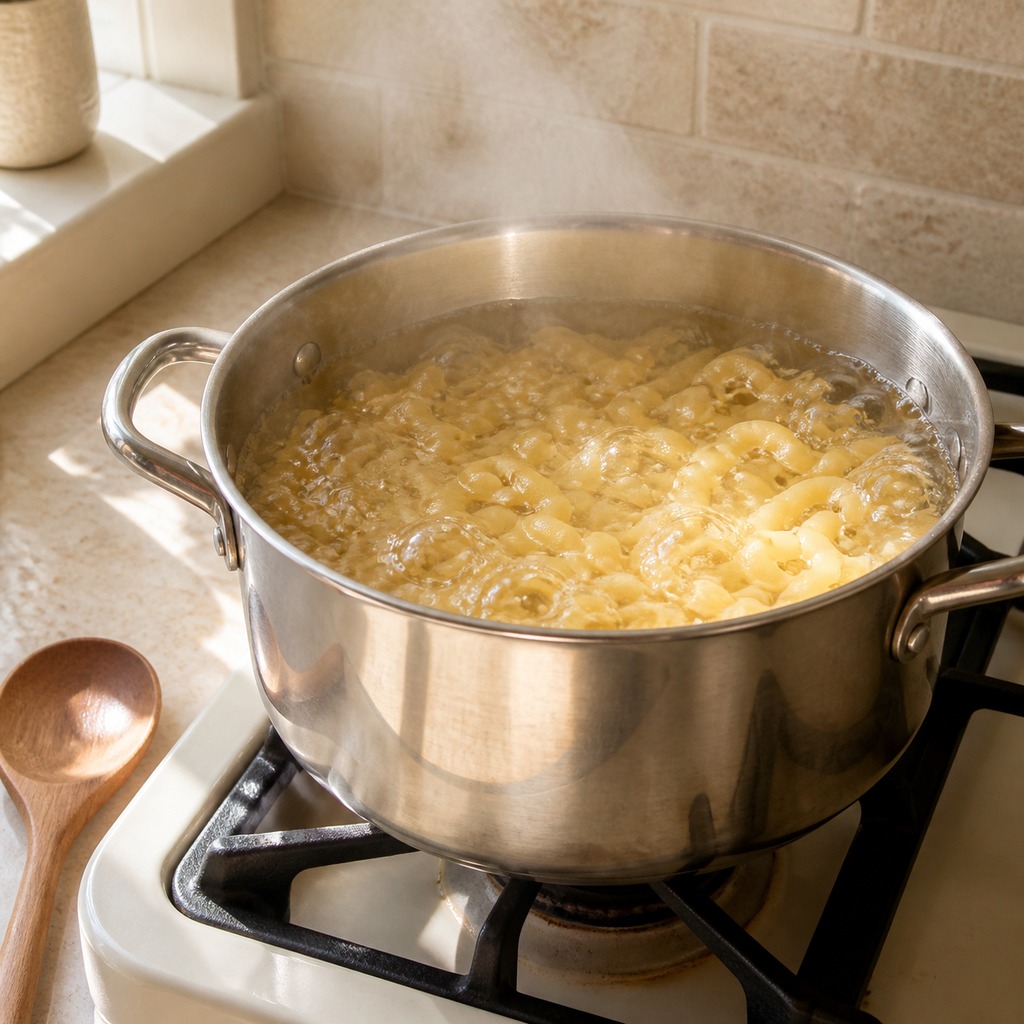 Elbow macaroni cooking in boiling salted water