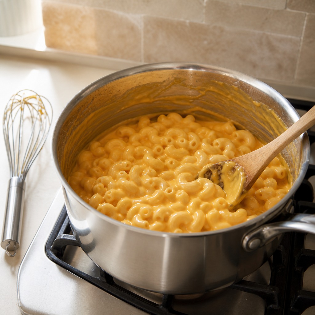 Cooked elbow macaroni coated in creamy cheddar sauce