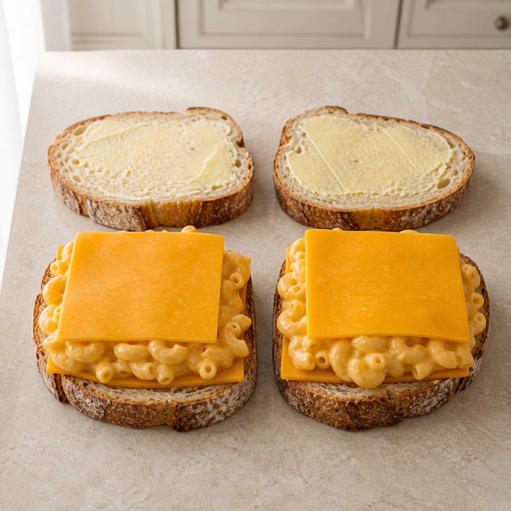 Two sourdough sandwiches layered with cheddar and macaroni and cheese