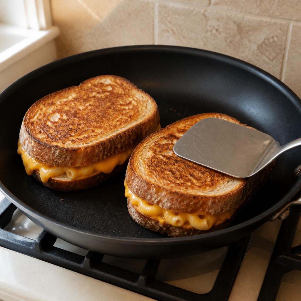 Two mac and cheese sandwiches grilling in a black skillet