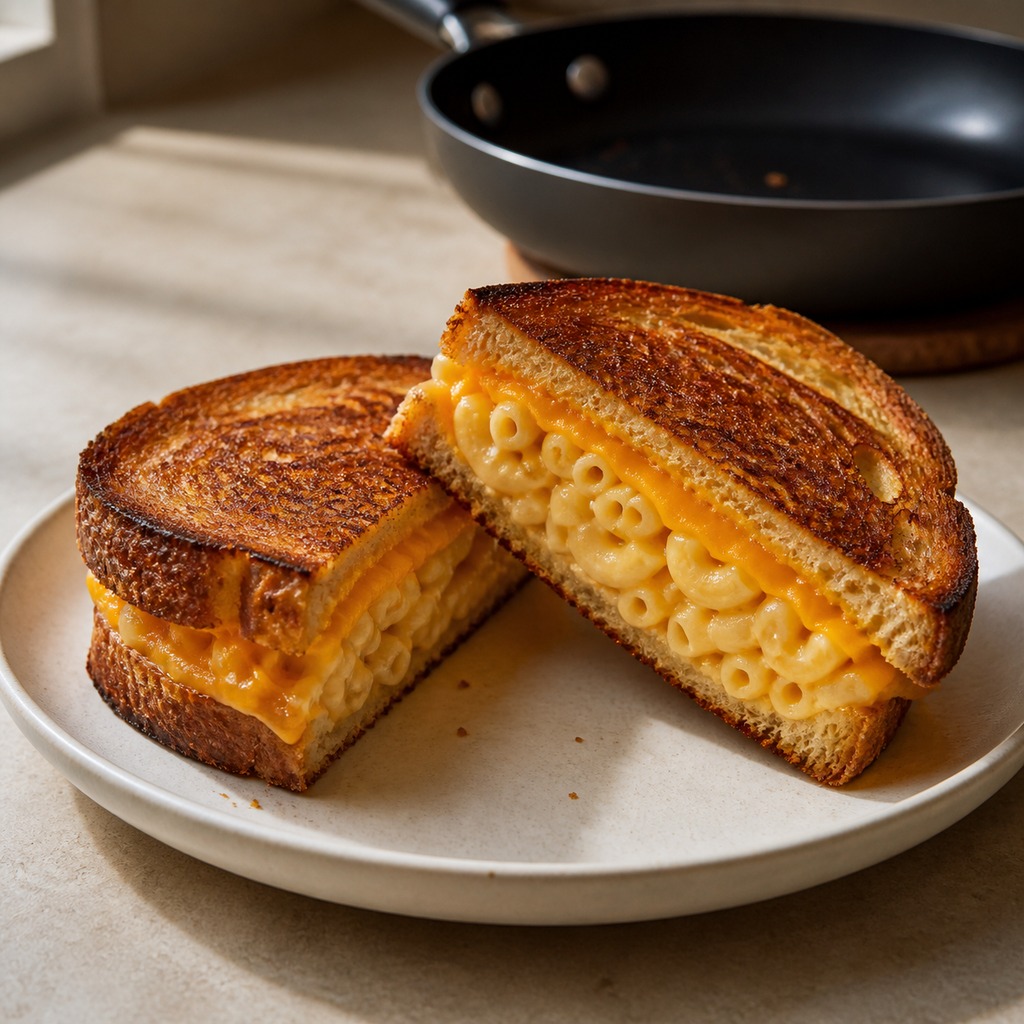 Grilled mac and cheese sandwich sliced into two halves