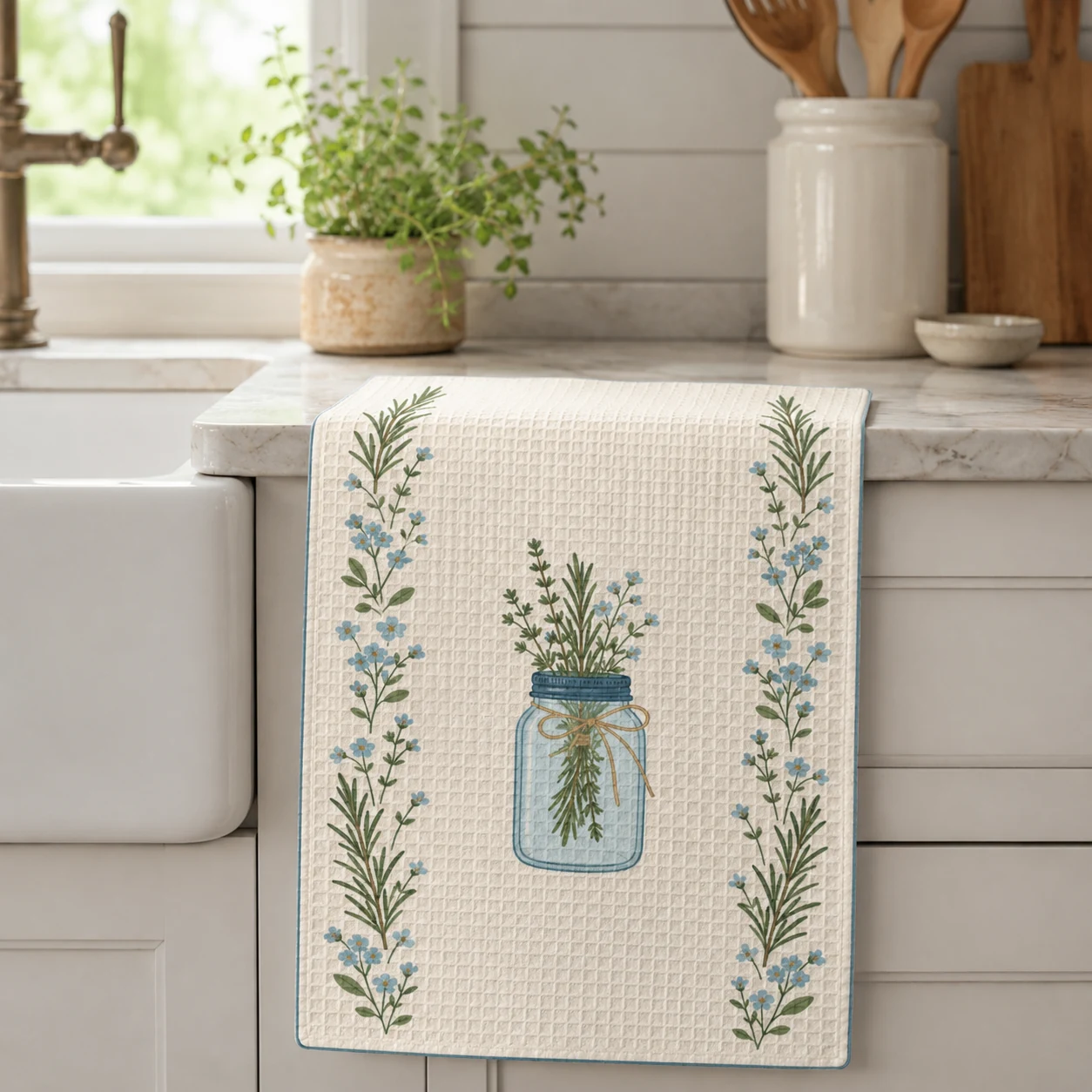 Herb Garden Pantry Tea Towel styled in a cottage kitchen, scene 1