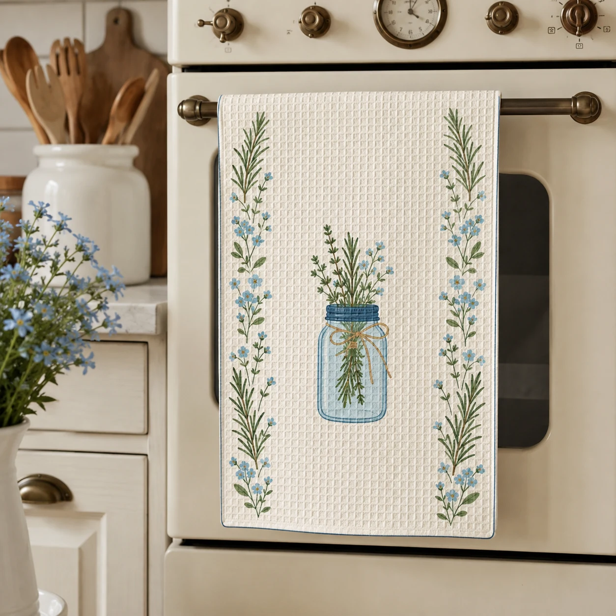 Herb Garden Pantry Tea Towel styled in a cottage kitchen, scene 2