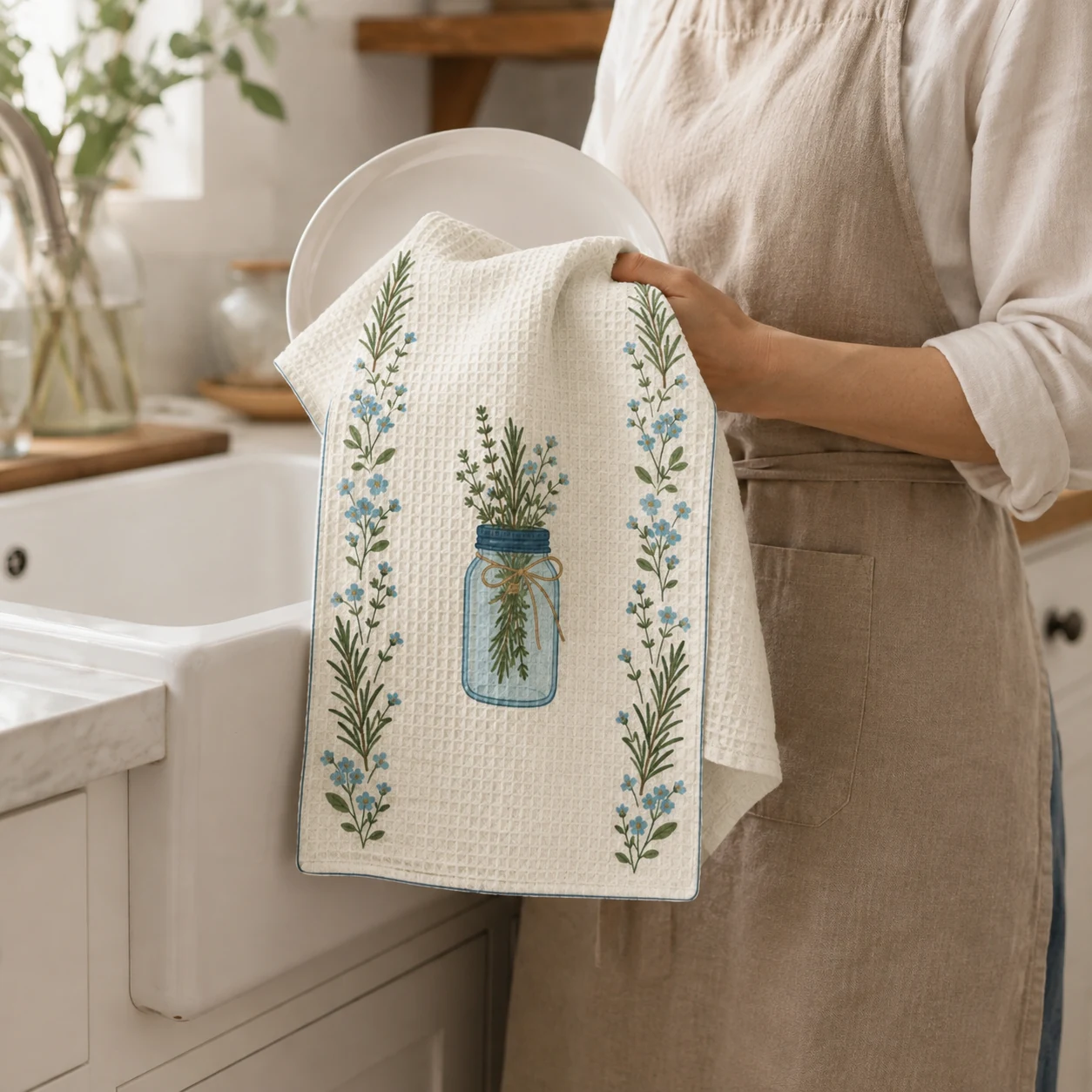 Herb Garden Pantry Tea Towel styled in a cottage kitchen, scene 4