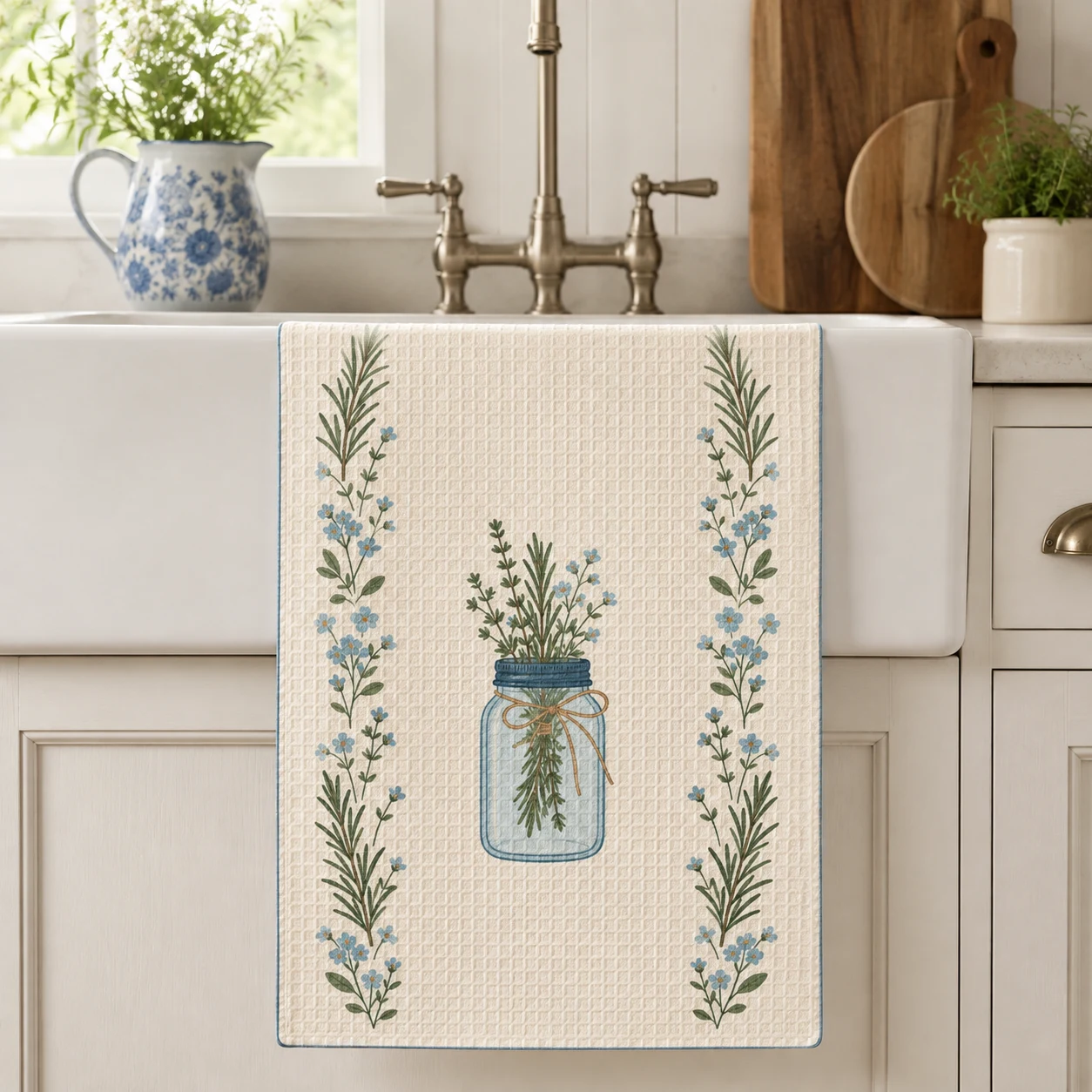 Herb Garden Pantry Tea Towel styled in a cottage kitchen, scene 5