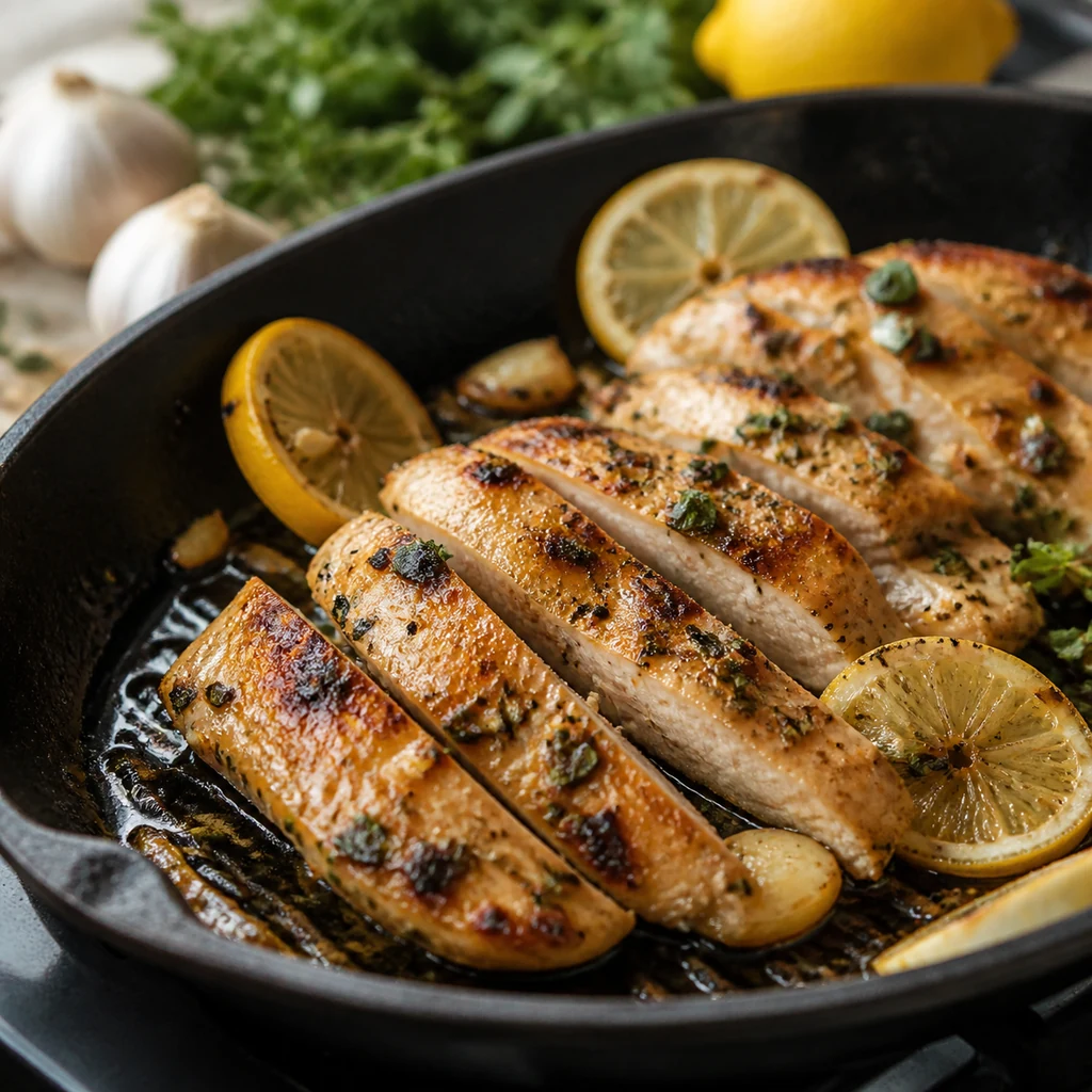 Greek lemon oregano chicken searing in a skillet with lemon slices garlic and herbs