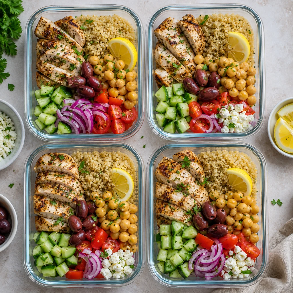 Greek chicken quinoa meal prep containers with chicken quinoa chickpeas cucumber tomatoes olives feta lemon and herbs