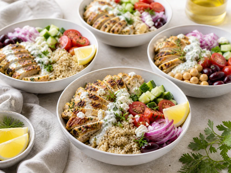 High-protein Greek chicken and quinoa bowls with cucumber tomatoes chickpeas olives feta lemon herbs and tzatziki