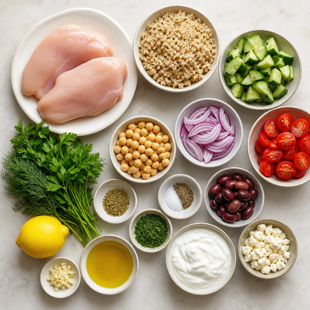 Ingredients for high-protein Greek chicken quinoa bowls arranged on a pale counter