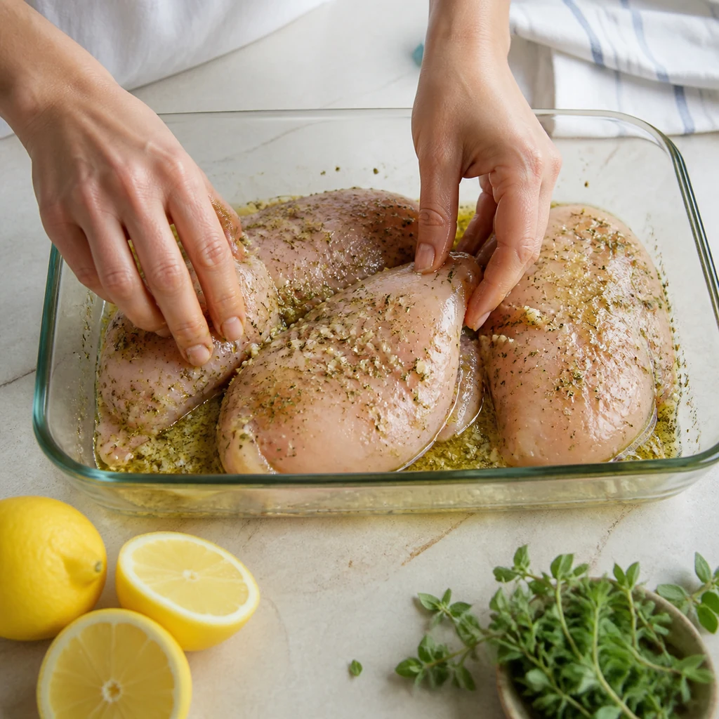 Raw chicken breasts being coated in lemon garlic oregano marinade