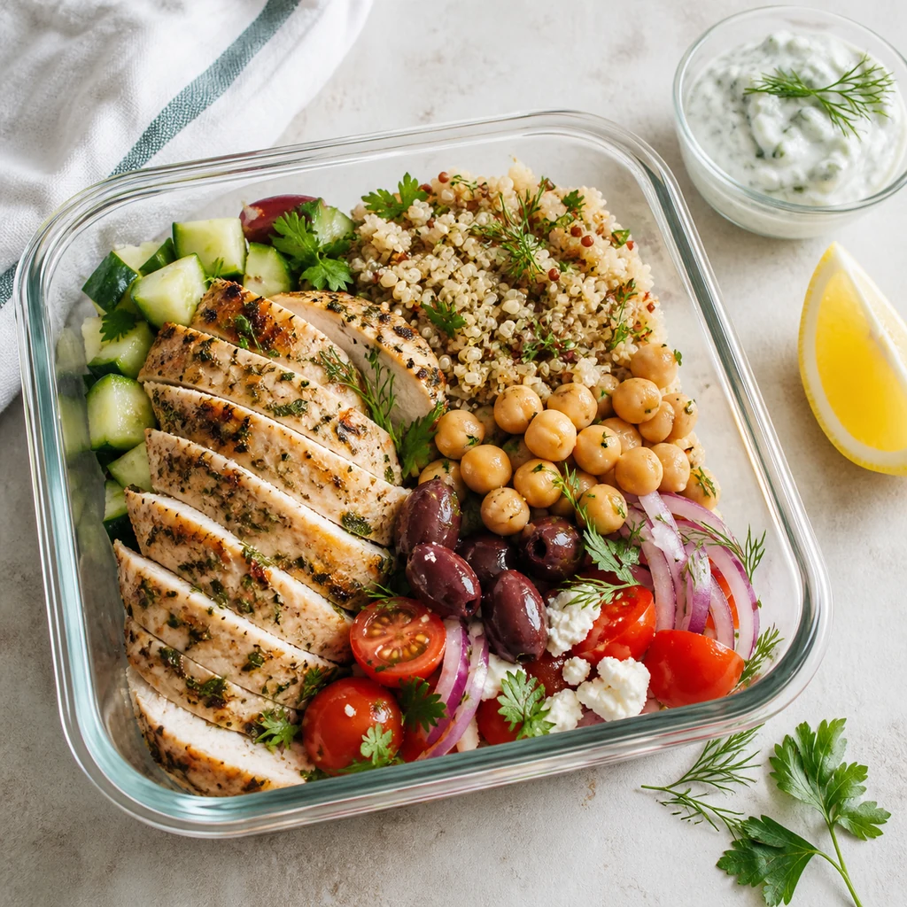 High-protein Greek chicken quinoa meal prep container with chickpeas vegetables feta olives and separate tzatziki