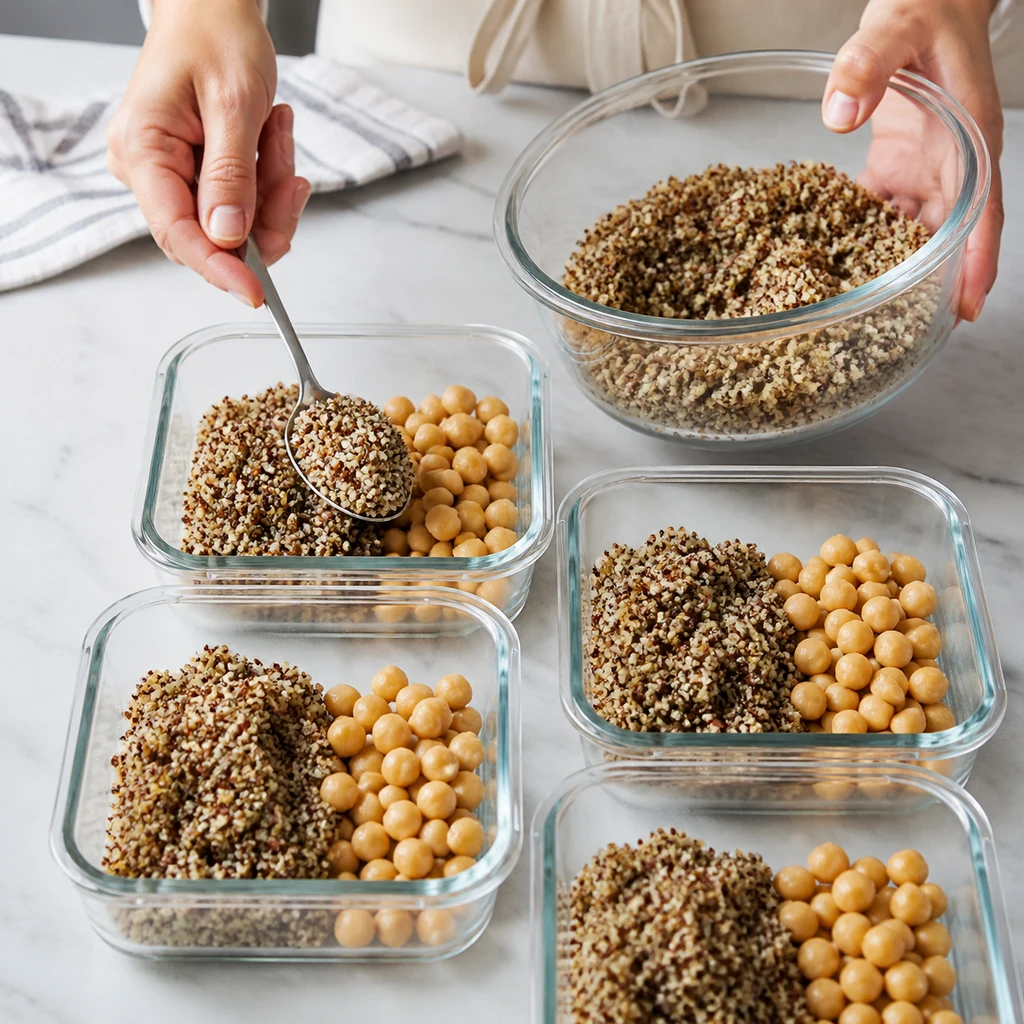 Cooked quinoa and chickpeas being divided into four glass meal prep containers