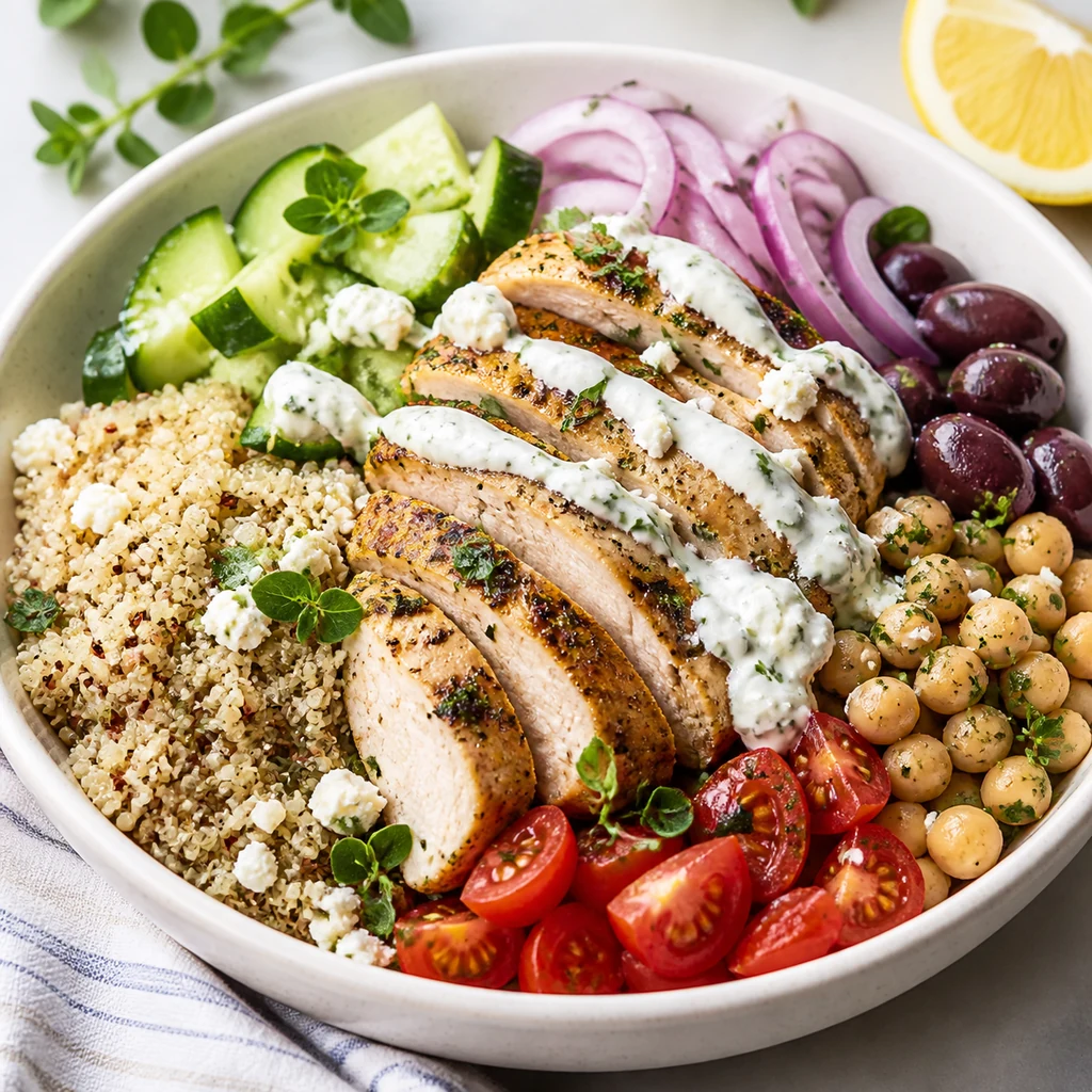 Final high-protein Greek chicken quinoa bowl with chicken quinoa cucumber tomatoes chickpeas olives feta herbs and tzatziki