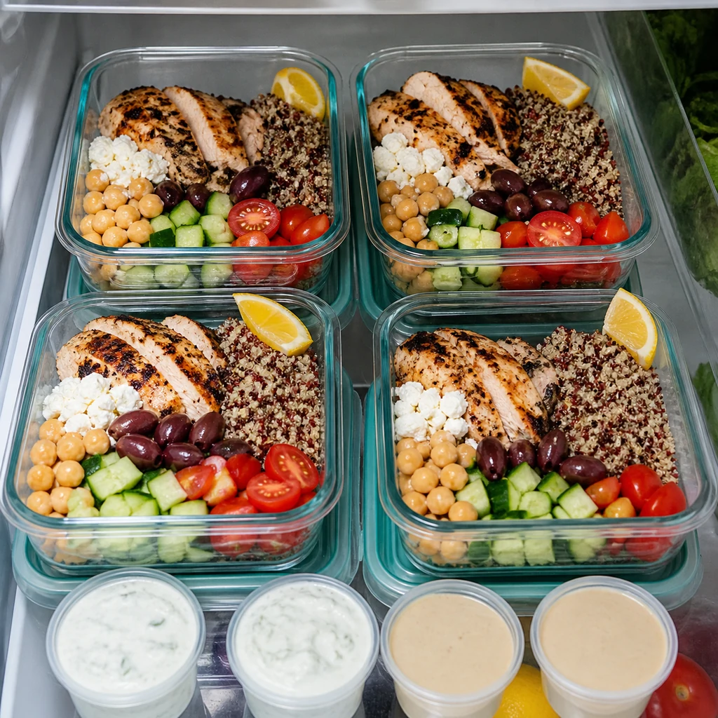 Greek chicken and quinoa meal prep bowls stored in glass containers with sauce cups and lemon