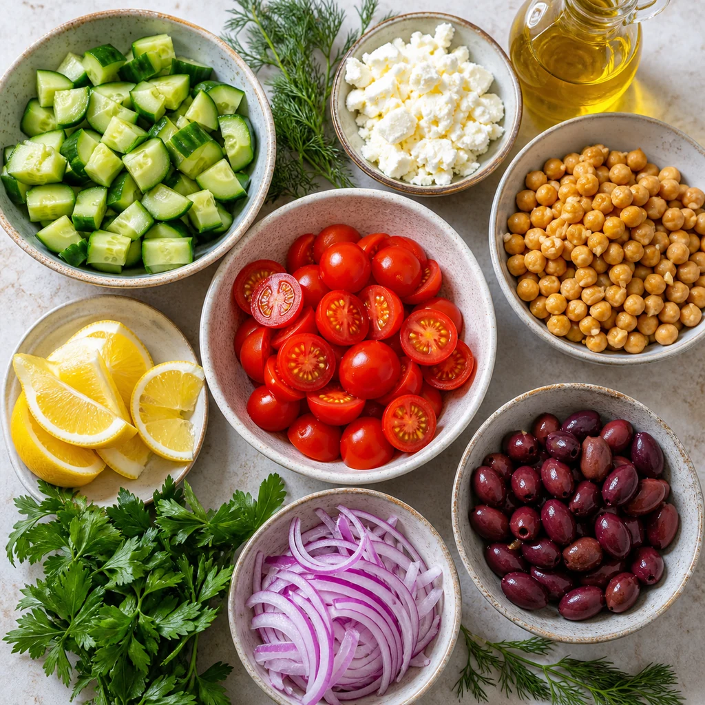 Greek salad toppings with cucumber tomatoes chickpeas feta olives red onion herbs lemon and olive oil