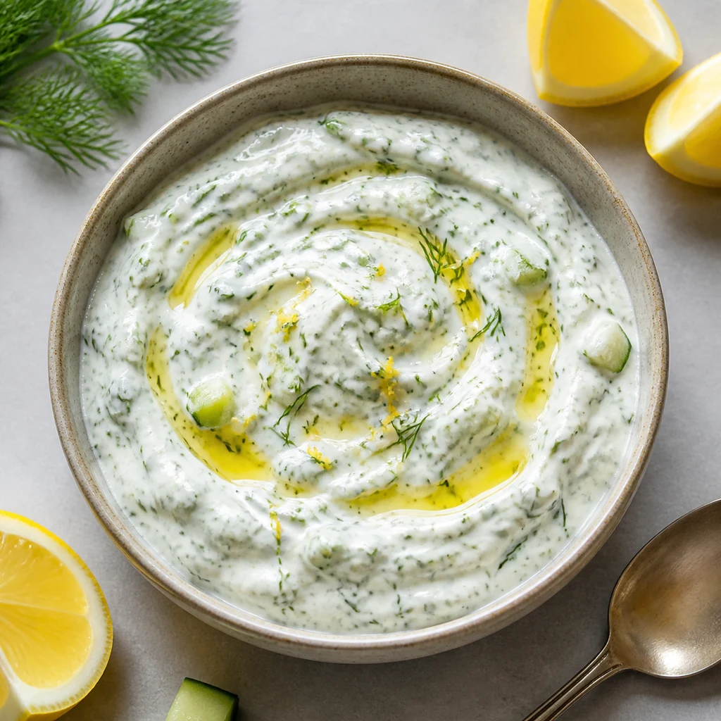 Creamy tzatziki Greek yogurt sauce with cucumber dill lemon garlic and olive oil