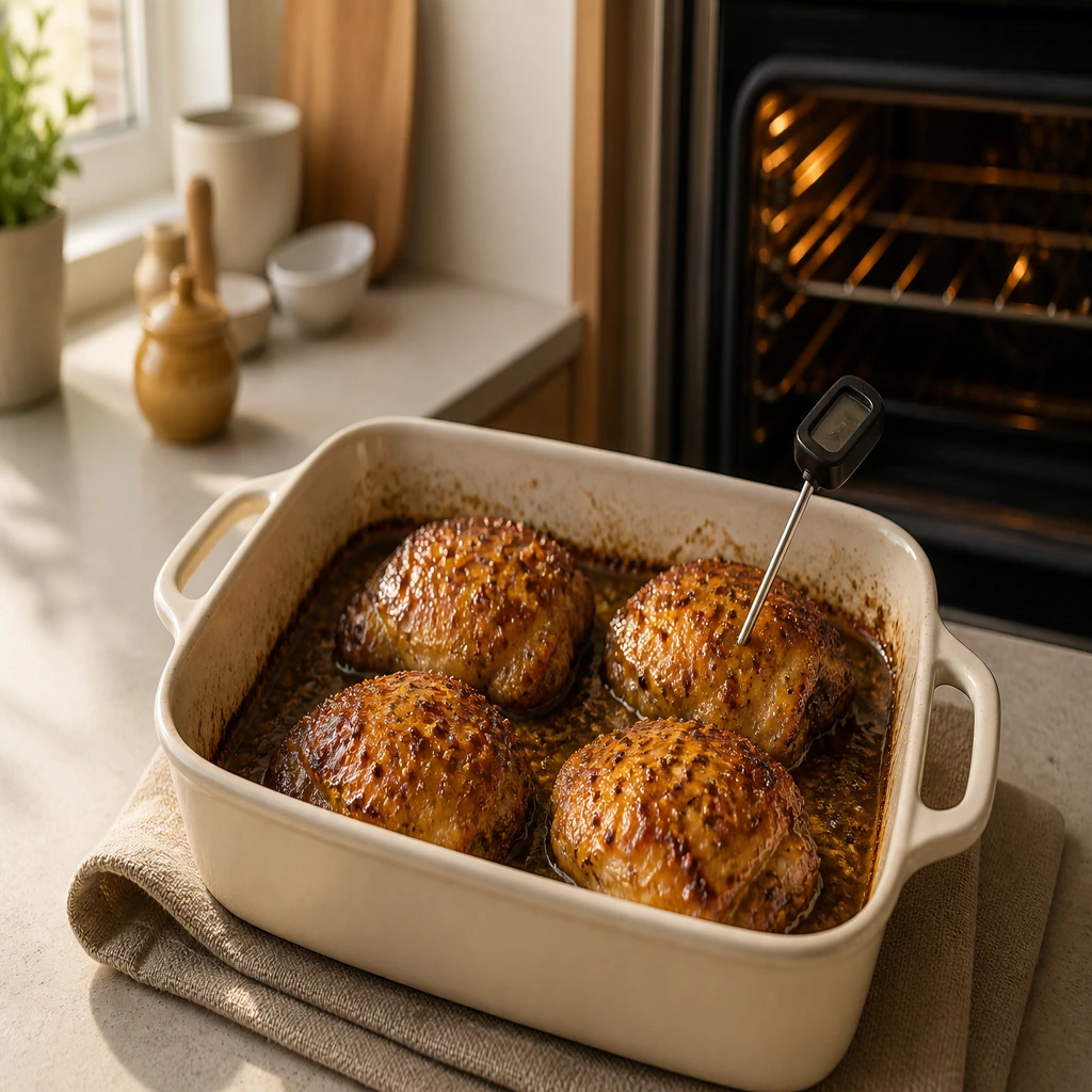 Four caramelized glazed chicken thighs checked with an instant-read thermometer