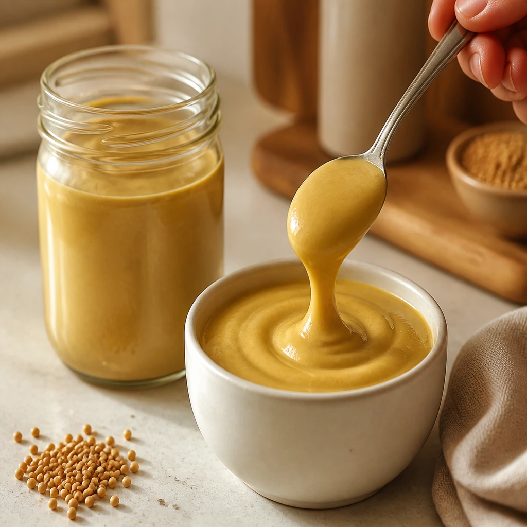 Silky smooth Dijon mustard lifted from an unlabeled bowl